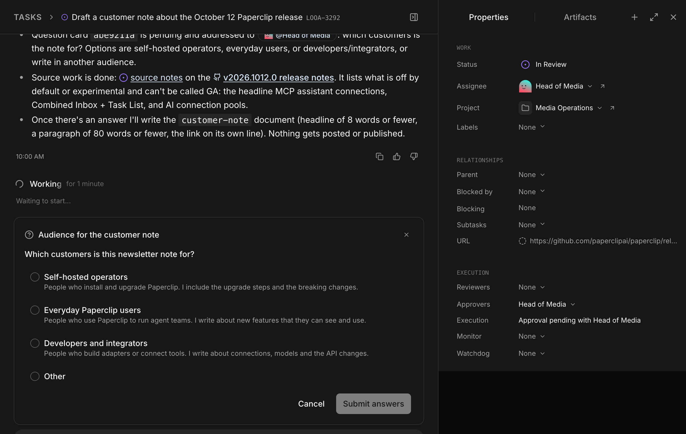 A question card titled Audience for the customer note, asking which customers the newsletter note is for, with options for self-hosted operators, everyday Paperclip users, developers and integrators, or Other, and a Submit answers button. The Properties panel shows the task In Review.